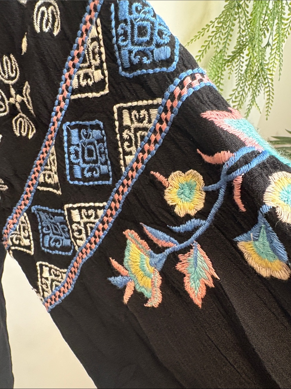 Harper Black Embroidered Peasant Tunic with Blue & White Accents - Picture 6 of 9